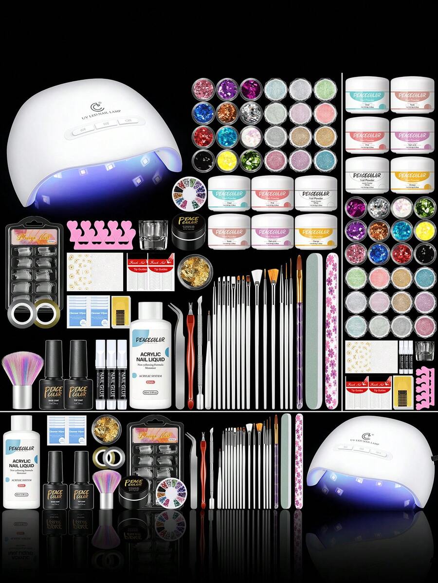 PEACECOLOR Beginner Acrylic Nail Kit With UV Nail Lamp Glitter Powder Complete DlY Nail Art Starter Kit For Gift Nail Extensions Gift Set - Bộ dụng cụ làm móng Acrylic 92 món - Xem 1