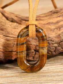 Natural Stone O-Shaped Pendant Necklace, Vintage Geometric Ellipse Design, Suede Cord, Unisex Couple Jewelry - Multicolor - View 16