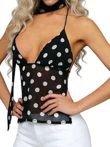 Women Tank Tops Halter Neck Sleeveless Dot Print Summer Backless Crop Vest With Scarf Set - Black - View 3