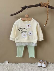 2pcs/Set Toddler Girls Flower Applique Mesh Hem Crew Neck Long Sleeve Sweatshirt + Green Pants, Spring/Autumn - Beige - View 4