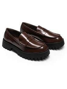 Women Platform Loafers 1.57-Inch Chunky Mid-Heel Flatform Loafer Round Toe Versatile Classic Casual Slip On Shoes, 2026 New Spring Summer Shoes - 棕色 - 查看 10