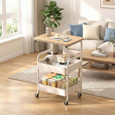 Techigher 3-Tier Rolling Storage Trolley With Table Top, Mobile Storage Cart On Wheels With Mesh Baskets, Metal Utility Storage Carts On Wheels For Kitchen, Living Room, Dining Room, Bedroom