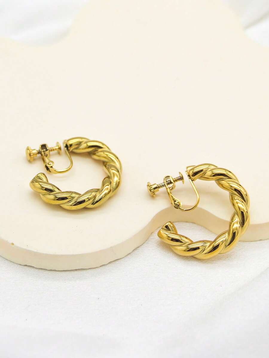 1对经典个性化18K镀金不锈钢不对称几何扭曲C形夹式耳环，适合男士、情侣、派对佩戴