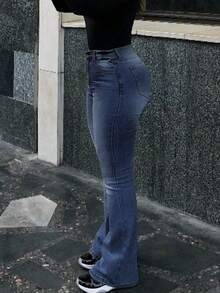 Women's Distressed Elastic Skinny Flare Jeans - Navy Blue - View 5