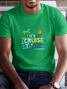 Men's Cruise Black T - Shirt, "It's Cruise Time" Vacation Graphic Print, Casual Round - Neck Short - Sleeve For Traveler & Daily Outings2025 - màu xanh lá - Xem 3
