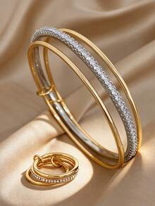 18K镀金不锈钢奢华优雅多层叠戴手镯戒指套装，双色金银镶嵌全锆石设计，适合情人节、派对、晚宴、日常佩戴、狂欢节、新年、婚礼、海滩、圣诞节、周年纪念日、妈妈礼物、波西米亚风珠宝、生日礼物、伴娘礼物等场合。 - 彩色 - 查看 11