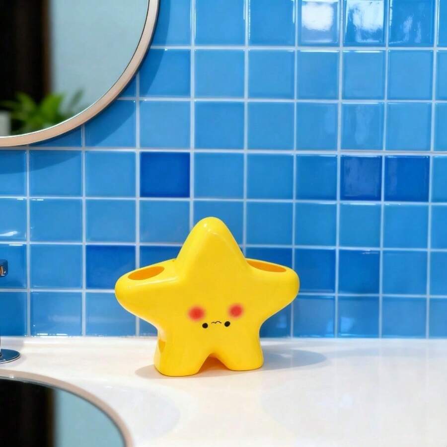 1 Cute Star-Shaped Plastic Toothbrush Holder - Freestanding Bathroom Organizer With Cute Face Design, Durable Plastic Construction, Space-Saving Toothbrush And Toothpaste Holder - 星星 - 查看 1