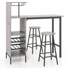 GOFLAME 3PCS Bar Table & 2 Stool Industrial Kitchen Dining Set W/ Wine Rack Glass Holder - Grey - View 10
