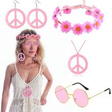 4件套嬉皮士服装套装 - 眼镜、头带、和平标志耳环、项链，60-70年代波西米亚嬉皮士配饰，夏季服装 - 彩色 - 查看 3