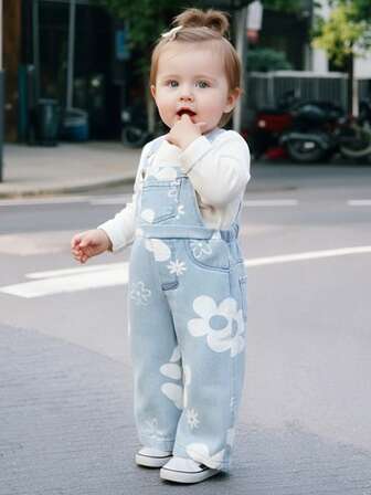 1件女婴户外休闲派对礼物牛仔面料水洗修身连体裤常规裤长