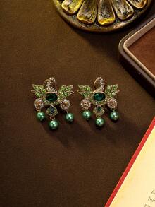 Vintage-Inspired Peacock Feather Design Necklace & Earrings Set With Green Gemstone And Faux Pearl, Luxurious And Elegant Jewelry Suitable For Important Occasions, Parties, Weddings, Gifts For Valentine's Day And Mother's Day - Multicolor - View 7