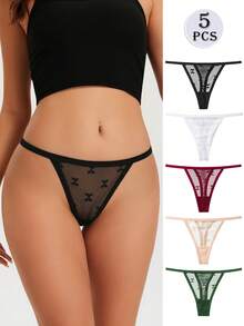 Set de 5 bragas de encaje sexy para mujer, tanga de malla transparente de cintura baja - Multicolor - Ver 1
