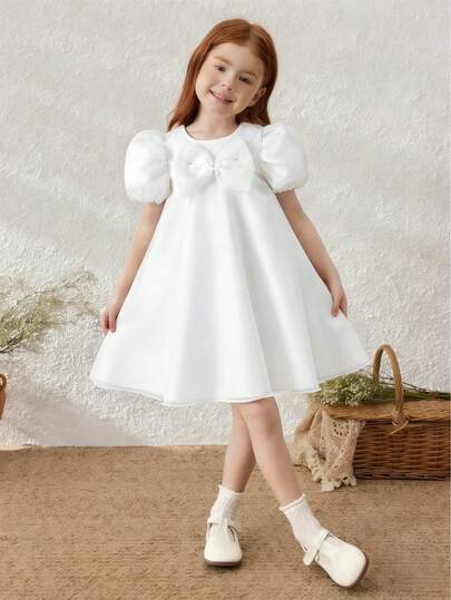 Young Girl Fairy Tale White Princess Dress, Girls Pure White Bow Tulle Dress, Children's Wedding Flower Girl Dress, Birthday Party Princess Dress | Elegant Fairy-Like Refined Banquet Essential, Suitable For 4-7 Years Old Girls, Spring/Summer