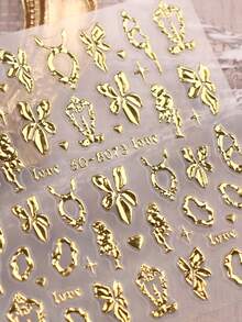 2张复古浪漫轻奢金属色浮雕美甲贴纸，5D精致贴纸，包含星星、蝴蝶结、皇冠、爱心、花朵、箭头等图案，斋月主题，易于粘贴，DIY美甲装饰，节日礼物，Y2K风格 - 彩色 - 查看 3