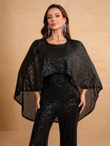 YISIKADO Women's Sequin Jumpsuit Elegant 2-Piece Set, Round Neck Shawl Collar Shiny Outfit, Party Bodysuit, Club, Back To School, Holiday - Black - View 7