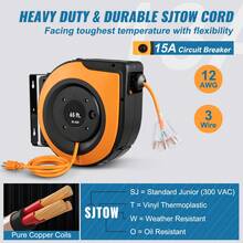 30ft To 65ft Retractable Extension Cord Reel Heavy Duty SJTOW Power Cord With Lighted Triple Tap Outlet Circuit Breaker Up To 15 Amp 180° Swivel Bracket, Suitable For Ceiling Or Wall Mount In Garages And Shops, ETL And UL Listed - 65ft 12AWG/3C - View 4