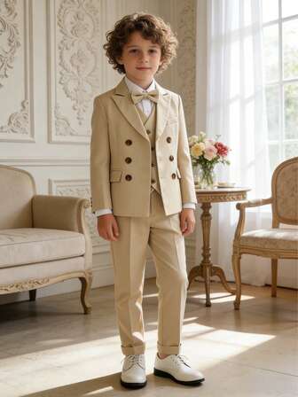 一套青少年男童精致双排扣西装套装：1 件双排扣西装外套 + 1 条西裤 + 1 个领结，适合婚礼、演出、派对和其他正式场合。