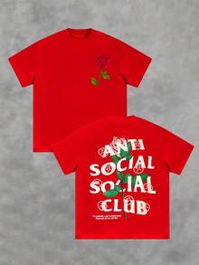 1Pcs Y2K Swag Rose Graphic Men's 220G Casual T Shirt Streetwear Style 100% Cotton Men Clothes Anti Social Club Double Sided Printed T Shirt  Summer Tee Oversized Loose Fit Top Hip Hop Clothing - Red - View 5