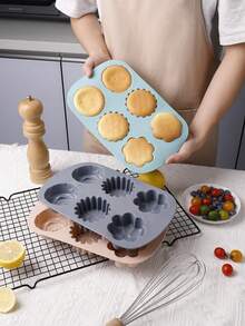 1个6孔硅胶花朵蛋糕模具，DIY布丁果冻冰块烘焙工具，慕斯巧克力模具，耐热不粘，适用于烤箱烘焙，生日派对节日活动 - 彩色 - 查看 5