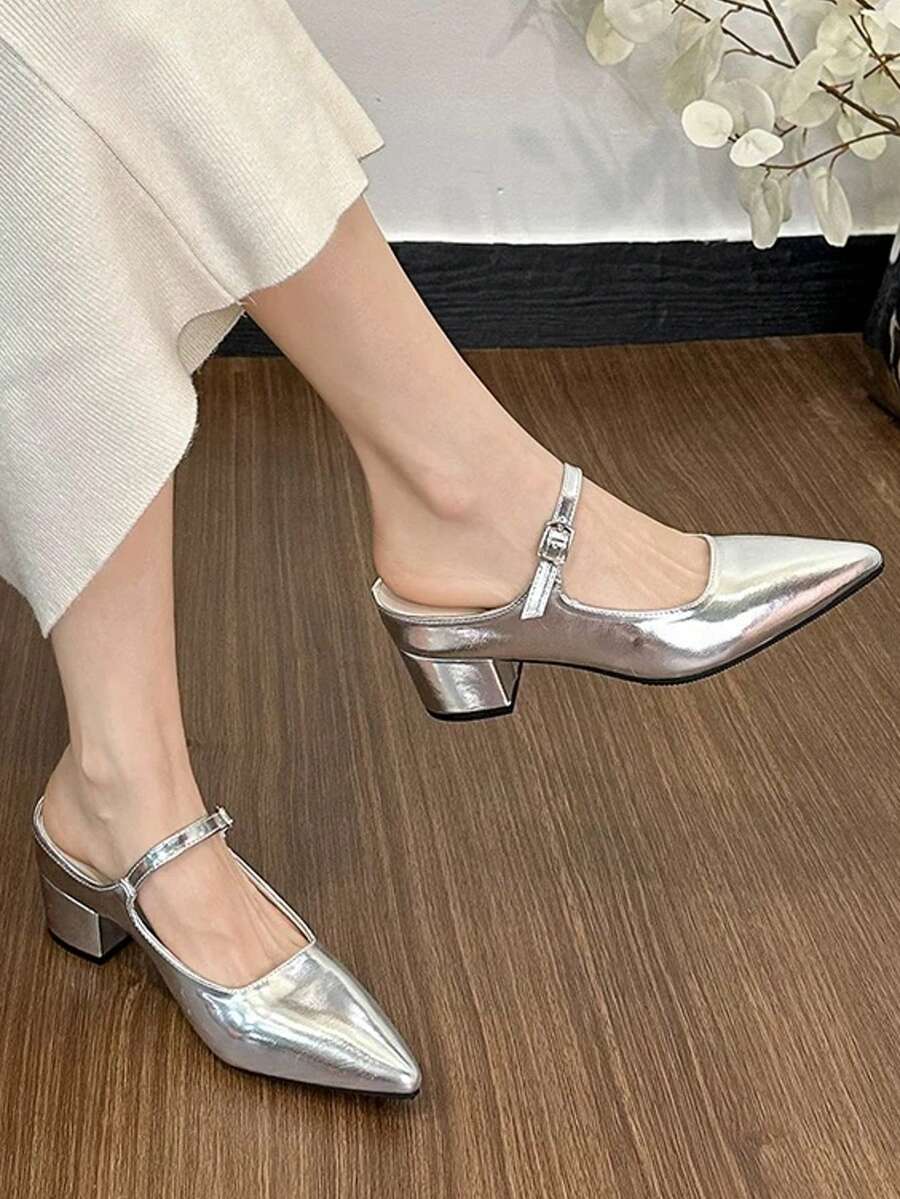 女士粗跟尖头银色套脚凉鞋，中跟夏季新款户外无后跟拖鞋，时尚百搭优雅穆勒鞋 - 銀色 - 查看 1
