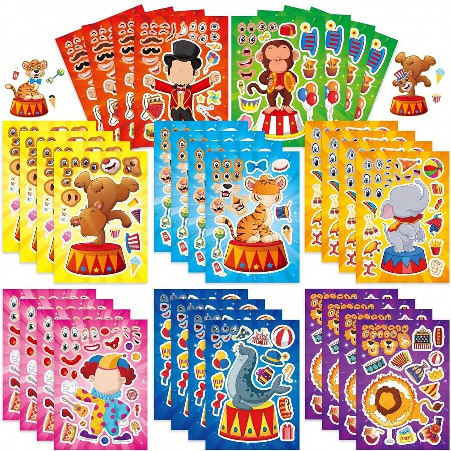 8/16pcs Kids Cartoon Circus Animal Stickers, Lion, Tiger, Monkey, Elephant Sticker Decals, DIY Dress Up Stickers, Holiday Party Gift Bag Filler, Toy Stickers, Birthday Gift - Multicolor - View 1