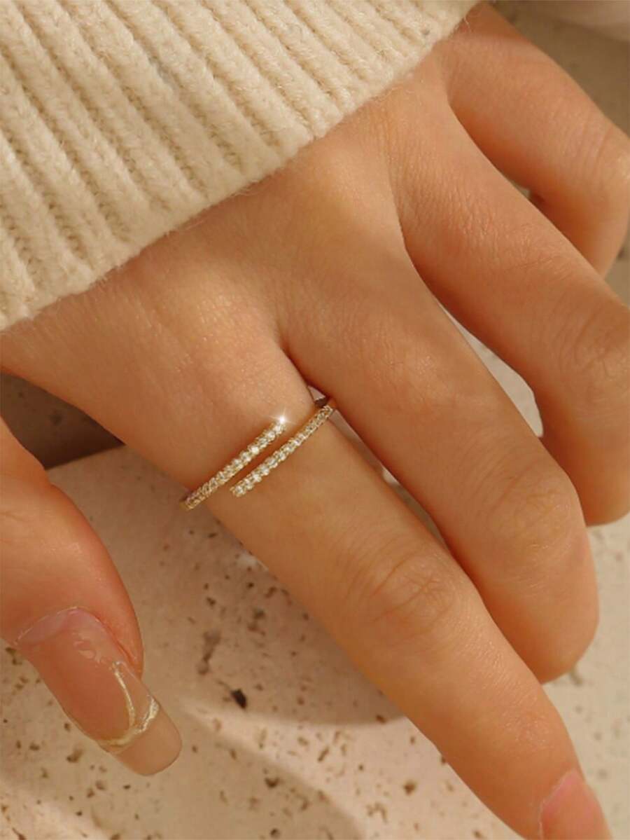 2026 经典时尚可爱优雅女士戒指，融合欧洲、美式/日式、韩式/中东风格，黄铜材质，镶嵌微镶锆石，情人节、斋月特惠 - 簡約線條YR0725 - 查看 1