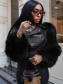 Women's Fashion Faux Fur Crocodile Print Jacket Collar Design Waist Belt Detail Zipper Closure - Black G0772 - View 1