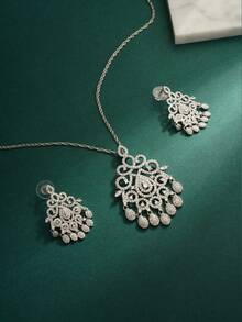 2pcs/Set Middle Eastern Dubai New Bride Jewelry Earrings & Necklace Set, Zirconia Stone Wedding Dress Accessories - Tassel - View 3