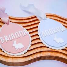 Easter Basket Tags, Egg Bunny Fan-Shaped Tags, Personalized Easter Basket Name Tags, Customized Easter Tags, Acrylic Bunny Tags, Pink Or Blue Tags