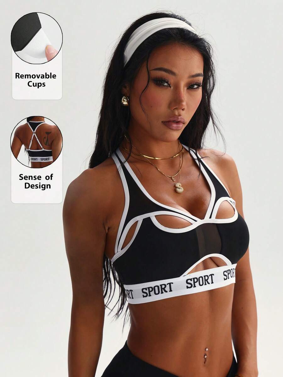 Women's Black & White Removable Padded Mesh Splice Round Neck Sporty Knit Bra - Black - View 1