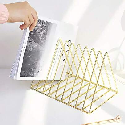 Files Folder Stand Desktop File Organizer, Triangle Wire Magazine Holder Book Shelf, 9 Slot File Sorter Eye-Catching Decoration For Indoor Office Home, Photography Props(Gold)