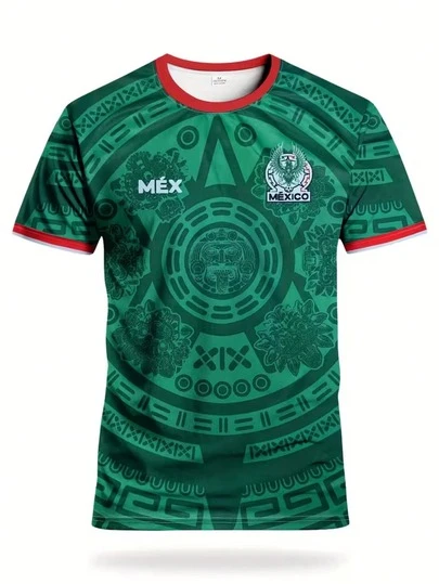 墨西哥男子足球球衣 & 墨西哥青少年圆领舒适运动上衣，饰有神话野兽图案，印花设计，适合墨西哥足球比赛、足球训练、日常健身和休闲活动，是北美足球迷的纪念品，足球训练衫，休闲运动服，几何图案印花上衣，透气运动面料，轻便足球衫，训练足球衫，健身爱好者，年轻运动员。