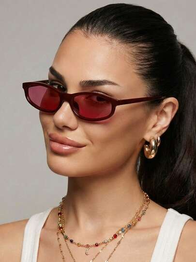 1 Pair Women's Jujube Red Cat Eye PC Frame Vintage Solid Color Fashionable Street Style Small Frame Glasses