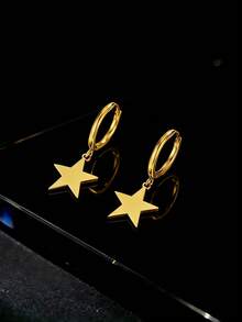 1pc Fashionable, Exquisite, Cute, Minimalist, Unique Stainless Steel Pentagram & Hoop Earrings, Suitable For Women's Outfits In Spring, Summer, Autumn, Winter, For Work, Study, Dating, Travel, Concerts, Parties, And Various Holidays - Gold - Five-pointed Star - View 6