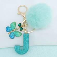 1 móc khóa chữ cái đầu tiếng Anh kèm mặt dây chuyền hình bông tuyết bằng nhựa, phụ kiện trang trí túi xách nữ kèm quả cầu lông, tua rua hình bướm bằng thủy tinh khảm, quà tặng cho mẹ và bạn bè. - Màu xanh Bạc hà - Xem 10