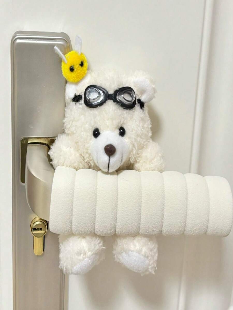 （右侧门把手）可爱小熊造型门把手套，适用于房间门，防撞防静电柔性布料，可爱小熊造型门把手套，适用于公寓门及各种门把手