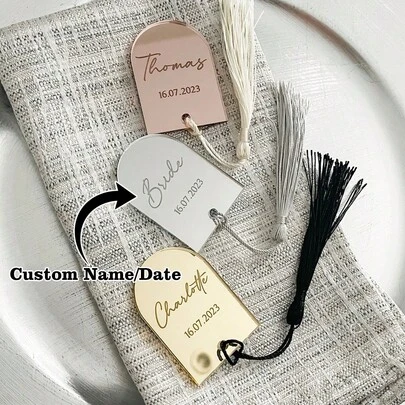 10/30/50pcs Personalized Acrylic Wedding Place Cards With Tassels, Simple Arch-Shaped Mirror Acrylic Guest Name Plates, Luxury Table Decor