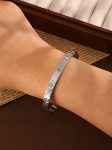 1件套不锈钢银色防水星月爱心四叶草镶嵌锆石手镯套装 - 时尚女士、女性、女孩日常佩戴、办公室派对、约会、周年纪念礼物的完美之选 - 銀色 - 查看 6