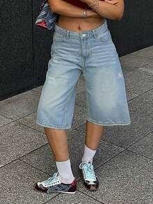 Quần short denim rách màu xanh nhạt kiểu cổ điển dành cho nữ, quần short ống đứng rộng rãi dài đến giữa đùi, có túi lớn, thích hợp cho mùa xuân/hè. - Màu xanh nhạt - Xem 2