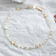 1pc Women's Beach Vacation Necklace - Turquoise Starfish Pendant With Faux Pearl, Asymmetrical Pearl Beaded Necklace, Casual Wear Or Gift, Natural Element Decorated Beach Accessory, Bohemian Style Necklace - Multicolor - View 11