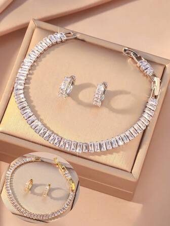 1 par de pulsera de mujer con diseño de cuadrícula elegante y creativo y juego de collar con circonita brillante, de moda y encantador para uso diario, regalo ideal para ti o festividades