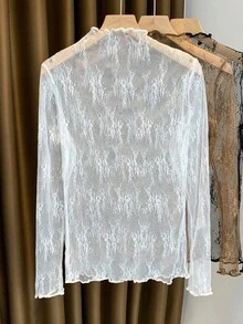 2025 New Arrival Women's Lace Mock Neck Layering Mesh Sheer Long Sleeve Slim Fit Undershirt, Spring/Summer/Autumn - White - View 3