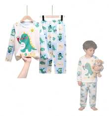 TendenciaConjunto De Pijama Infantil Dinosaurio, Manga Larga 2 Piezas Verde MCalidad premium