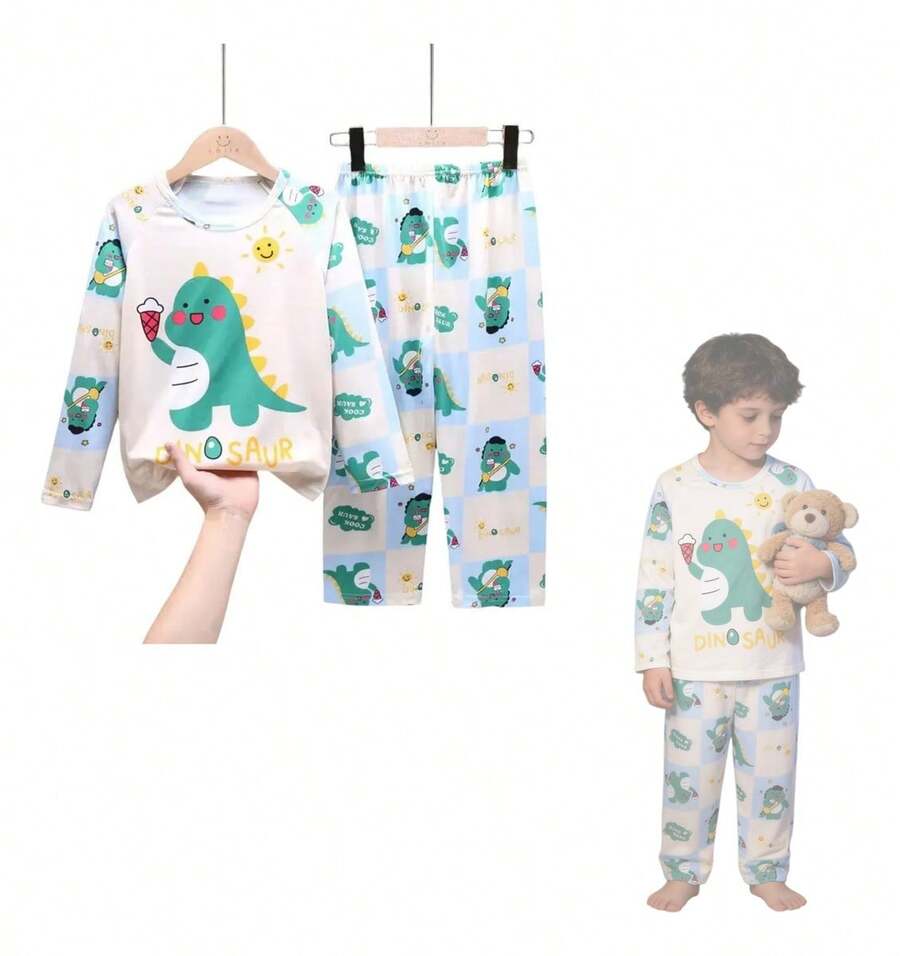 TendenciaConjunto De Pijama Infantil Dinosaurio, Manga Larga 2 Piezas Verde MCalidad premium