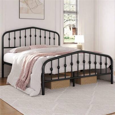 Costoffs Metal Bed Frame, Metal Bed Base, Farmhouse Metal Bed Frame, Modern Metal Bed With Crown-Inspired Design Headboard, Heavy-Duty Slat Support, Spacious Underbed Storage, No Box Spring Needed, Double/King, Black/White