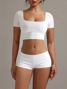 XLLAIS Áo thun cổ vuông tay ngắn, chất liệu co giãn cao, thoáng khí, hai lớp, màu trắng cơ bản, dáng crop top, dành cho nữ. - trắng - Xem 5