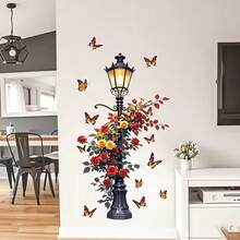 1件复古街灯、花卉和蝴蝶墙贴，自粘3D装饰画，适用于客厅、玄关 - 彩色 - 查看 5