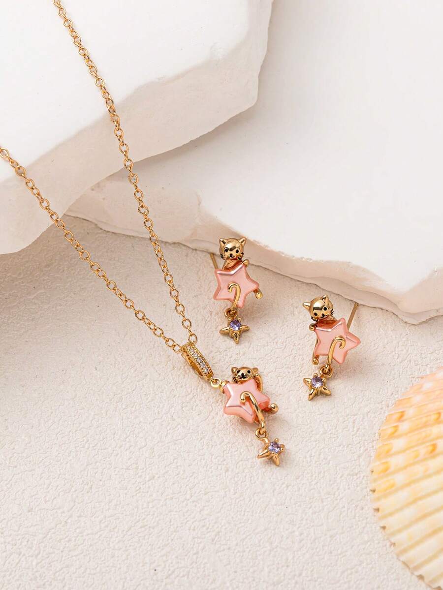 1pc Fashion Faux Pearl Pink Zirconia Sea Star Earring Necklace, Electroplated 18k Gold, Showcasing Female Charm, Suitable For Women's Daily Leisure, Social And Banquet Dress, Talisman Earring Necklace, Women's Jewelry Earring Necklace Wearing. Can Be Given As A Gift To Mothers, Wives, And Girlfriends. - Multicolor - View 1