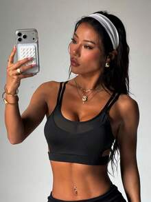 女士时尚黑色圆领交叉网眼拼接运动文胸 - 黑色 - 查看 3