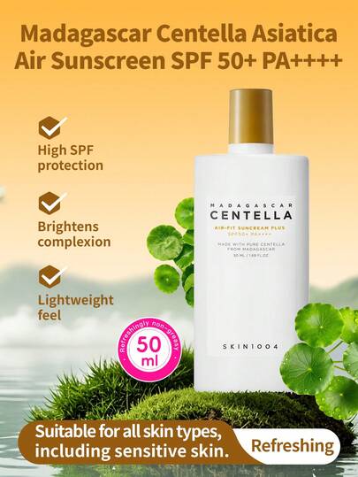 SKIN1004 1 Bottle 50ml SPF50+ PA++++ Madagascar Centella Asiatica Air Sunscreen Cream, High Protection, Brightening, Lightweight, Breathable, Suitable For All Skin Types, Daily, Commute, Outdoor Use